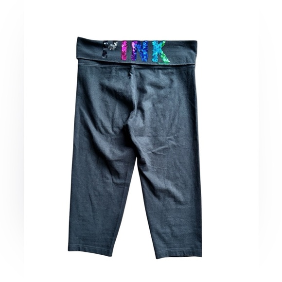 VTG Pink Victoria’s Secret Fold Over Spell Out Sequin Capri Leggings Black Sz M - Picture 1 of 7